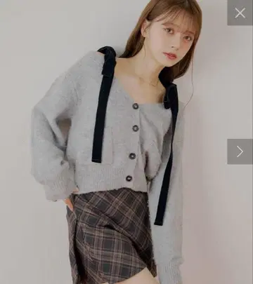 Chico 포켓 부착 어깨 리본 루즈 니트 가디건