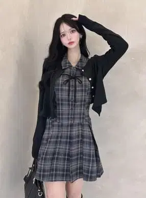 체크 무늬 리본 슬리브리스 셔츠 미니 원피스