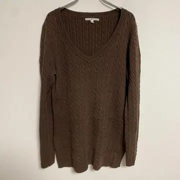 TOMMY HILFIGER 브라운 V넥 케이블 니트 스웨터 XL