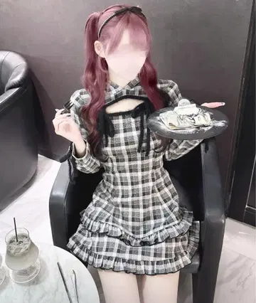 허니뮤우 하니뮤 프릴 체크 후드 원피스 블랙 XS
