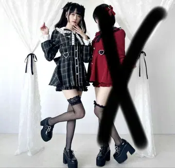 S 유메텐보 블랙 둥근 카라 사다리 레이스 리본 하트 셋업