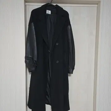 블랙 울 가죽 롱 코트