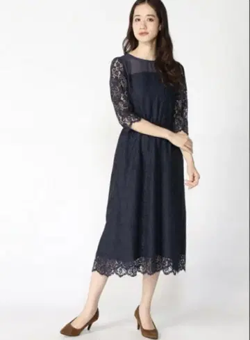 네이비 레이스 긴팔 원피스