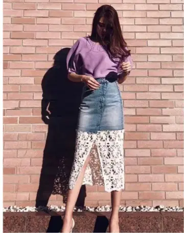 Rienda 리엔다 케미컬 레이스 콤비 저스트 허리 데님 스커트