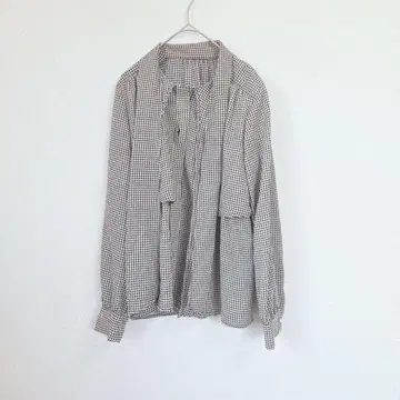 레이 카즌 체크 무늬 긴팔 셔츠 L 걸리시 레트로 블라우스 빅 칼라