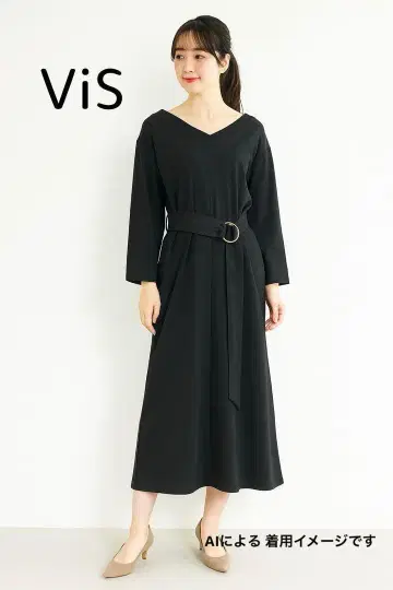 [새상품급] 비스 ViS 벨트 포함 V넥 롱 원피스 블랙 성숙 큐트