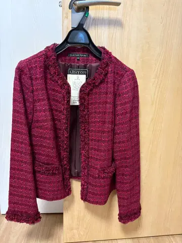 새상품 LINTON 트위드 노카라 자켓 38 와인