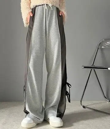 그레이/블랙 사이드 스트라이프 와이드 팬츠