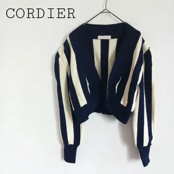 콜디아 알파카 혼방 스트라이프 패턴 울 니트 가디건 크롭 기장