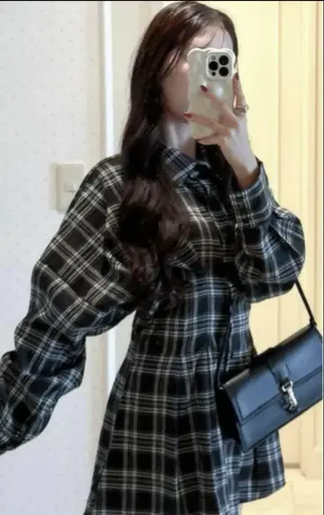 체크 무늬 허리 턱 셔츠 미니 원피스