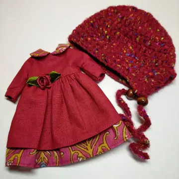 네오 브라이스용 빨간색 드레스와 니트 모자 세트