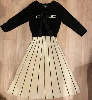 JILL STUART 블랙 아이보리 스트라이프 롱 원피스