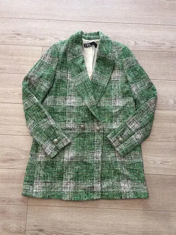 ZARA 체크 무늬 트위드 자켓 XS 사이즈 스페인산 더블 버튼