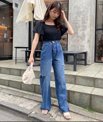NICE CLAUP 데미지 와이드 데님 팬츠