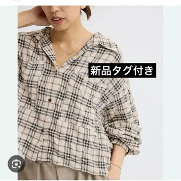 택 포함 새상품 셔링 체크 숏 셔츠