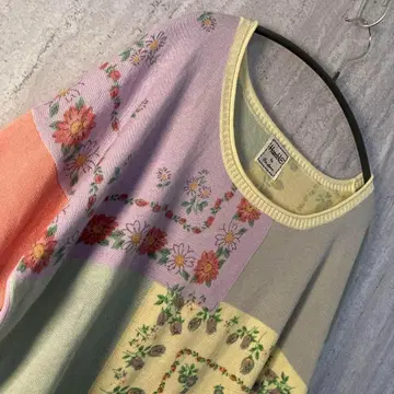 니트 패치워크풍 꽃무늬 레트로 걸리시 컬러풀 핑크 퍼플