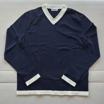 질 샌더 네이비 x 화이트 V넥 코튼 니트 스웨터 사이즈 46