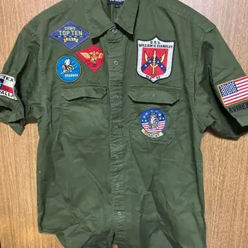 AVIREX 탑건 풀 데코 와펜 반팔 밀리터리 셔츠 카키 L