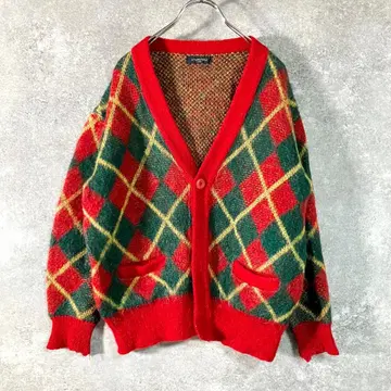VIVAYOU 가디건 니트 레드 그린 아가일 무늬 모헤어