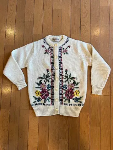 70's 80's US 빈티지 크로스 스티치 꽃무늬 울 가디건