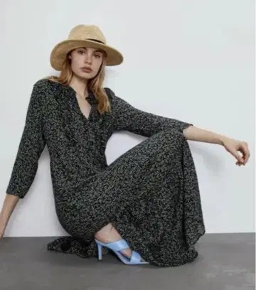 [새상품급] ZARA/자라 리프 프린트 롱 셔츠 원피스 프릴 M