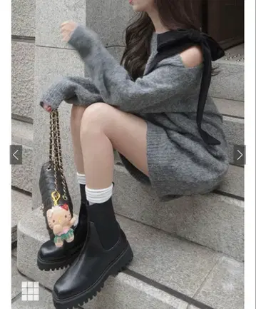 GRL 원숄더 벨로아 리본 니트 미니 원피스