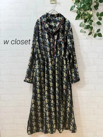 [ w closet ] 꽃무늬 가운풍 루즈핏 롱 원피스 긴팔 블랙