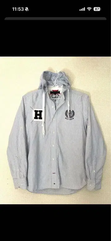 Tommy Hilfiger 후드 부착 옅은 파랑 셔츠 H 자수 포함