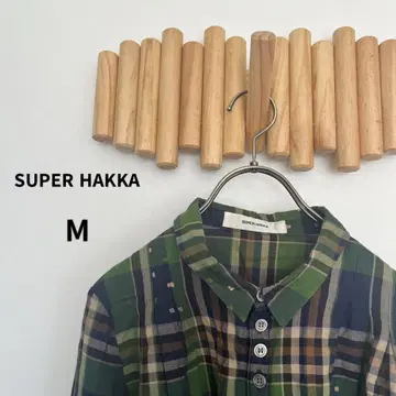 슈퍼 하카 [M] 체크 긴팔 셔츠 자수 겉옷 면 100% 그린