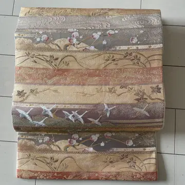 C661 새상품급 순수 실크  병렬 가로 단  금채 후쿠로 오비