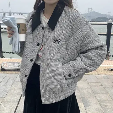 아우터 퀼팅 자켓 다운 자켓 충전솜 체크 그레이 F