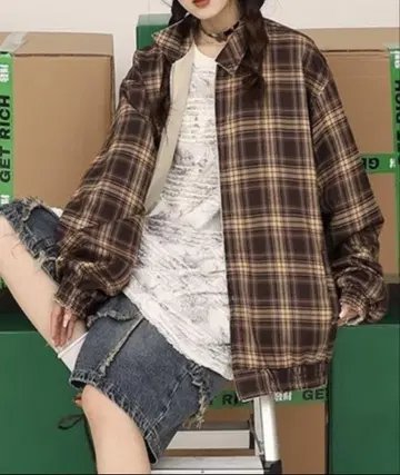 리버서블 체크 블루종 아이보리 브라운 체크 블루종