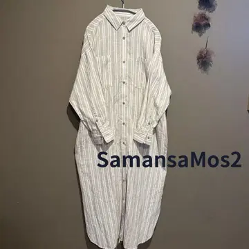 Samansa Mos2 스트라이프 롱 셔츠 원피스 코튼 린넨