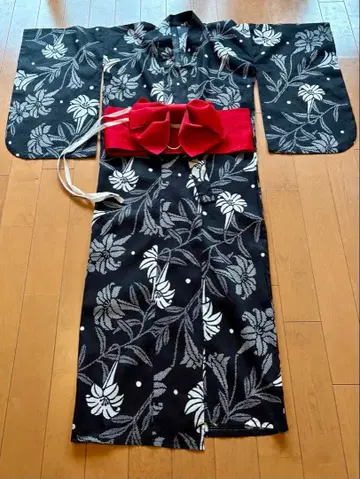NANI NANI 유카타 오비 세트 140cm 블랙 흰 꽃 패턴