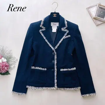 Rene 루네 TISSUE 트위드 테일러드 자켓 프린지 네이비