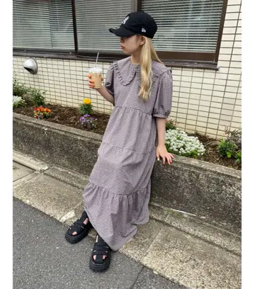 깅엄 체크 롱 원피스
