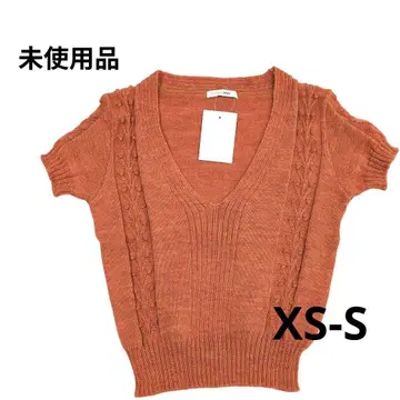 V넥 반팔 니트 스웨터 오렌지 XS ~ S 미사용