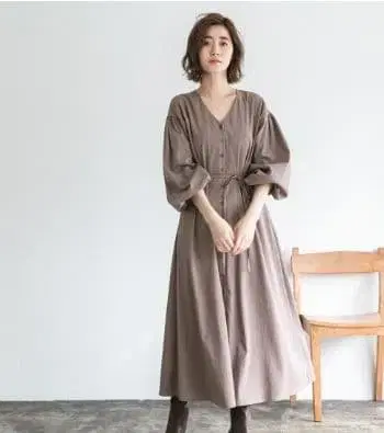 아파트바이 버튼 플레어 원피스 브라운 프리 사이즈