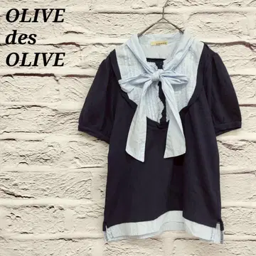 올리브 데 올리브 리본 타이 반팔 티셔츠 블라우스 이소재 절개 네이비