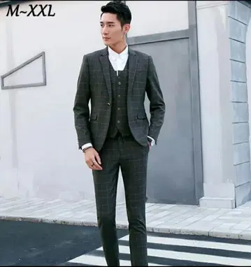 수트 남성용 M, L, XL, 2XL 원버튼 체크 무늬 수트 3세트