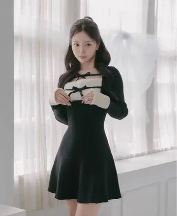 Darich 리본 퍼 플레어 니트 미니 원피스 FL