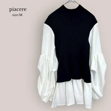 피아체레 piacere 도킹 니트 블라우스 하이넥 플레어 블랙 x 화이트