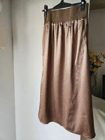 브라운 플레어 스커트 리브 허리