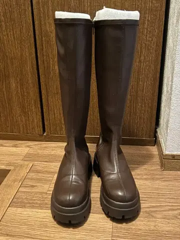 브라운 통굽 롱 부츠 지퍼 포함