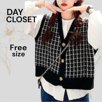 DAY CLOSET 새상품급 체크 니트 베스트 프리 사이즈 베스트 블랙