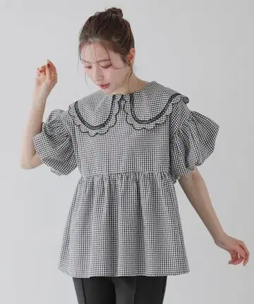 Fit more 깅엄 스캘럽 옷깃 블라우스 셔츠 F 1023F4
