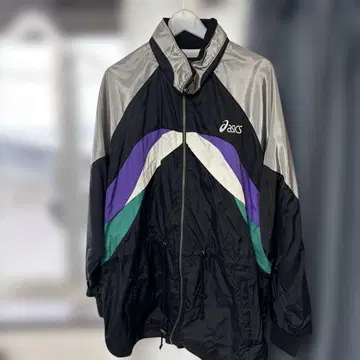 빈티지 asics 나일론 자켓 블랙/보라색/그린/실버