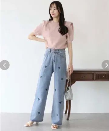 꽃무늬 자수 데님 와이드 팬츠