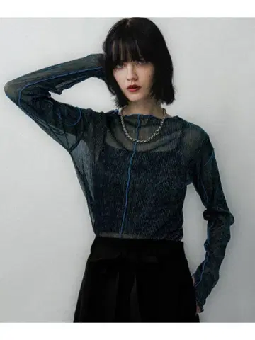 HARE 하레 디자인 라메 시어 탑 블루 시어 티셔츠 25SS