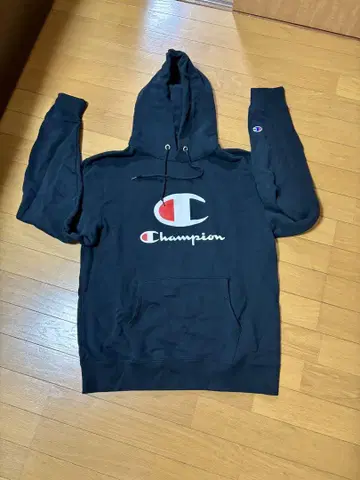 Champion 프론트 빅 로고 프린트 후드티 L 블랙